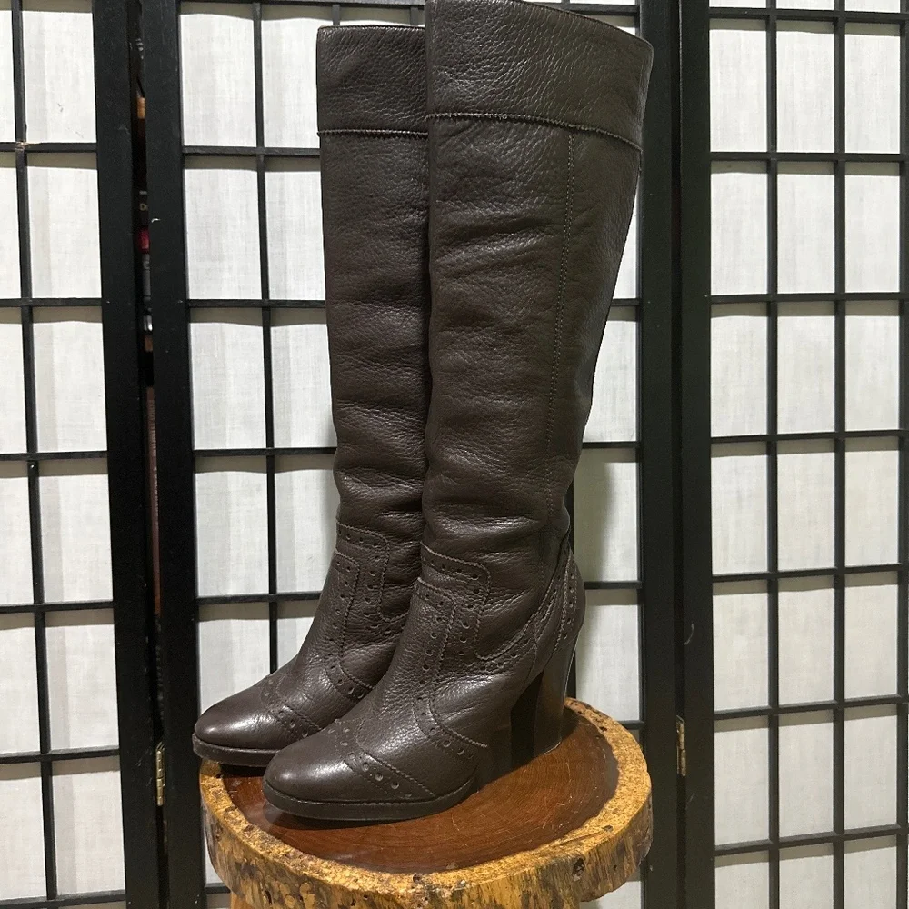 Michael Kors Penelope Dark Brown Leather Wingtip Knee Boot 7